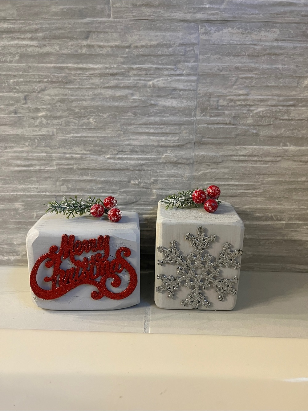 Holiday Wooden Block Decorations with Red Berry Accents (Set of 2)